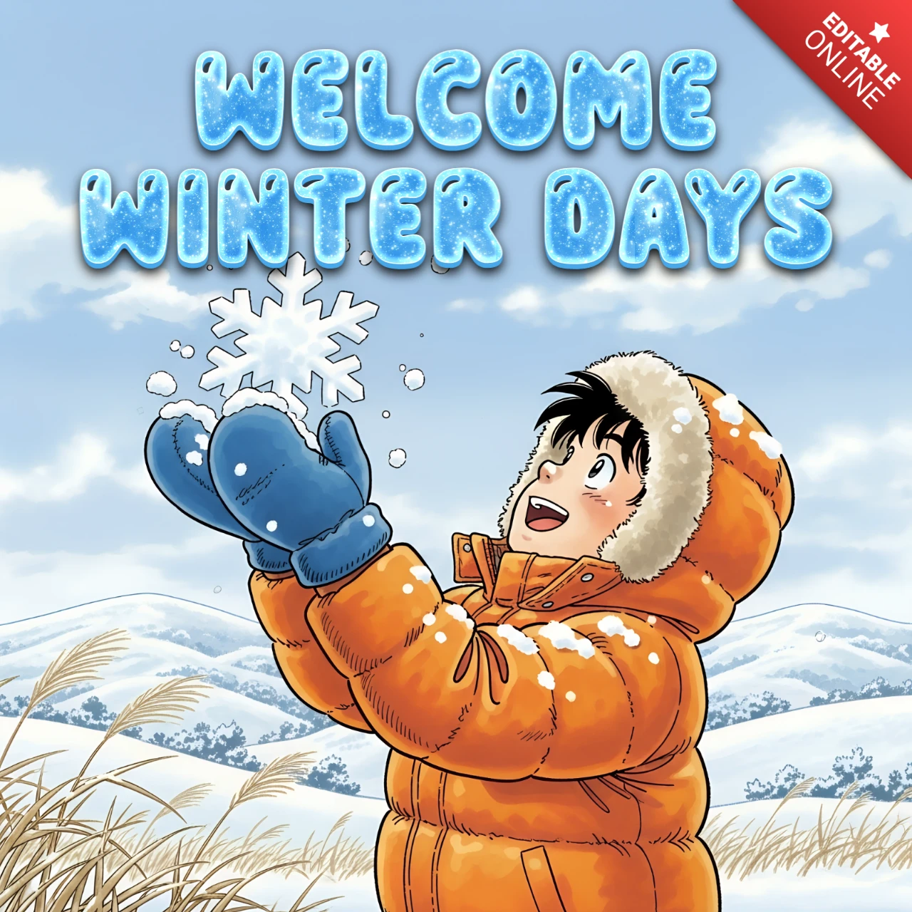 Plantilla de diseño de días de invierno con copos de nieve juguetones y un niño en chaqueta acogedora para tarjetas de felicitación.