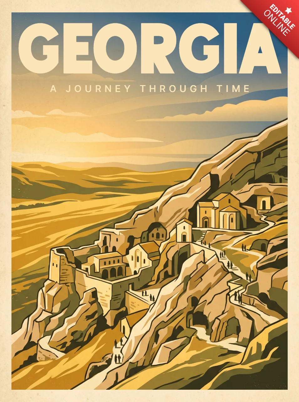 Póster de aventura vintage retro de Georgia paisaje montañoso escénico arquitectura antigua en acantilados fortalezas históricas amanecer atardecer decoración de pared de viaje