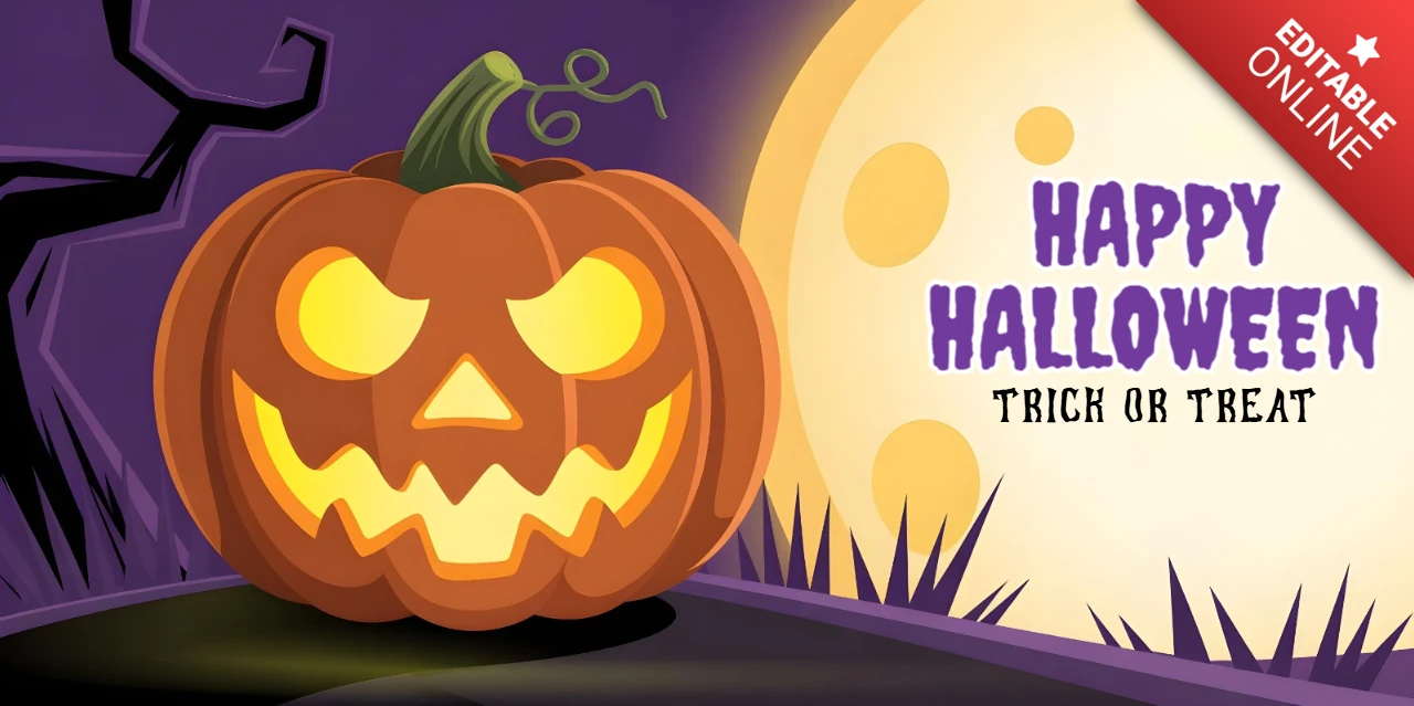 Happy Halloween Trick or Treat Message with Eerie Purple Sky & Glowing Eyes Facebook Cover Design Template