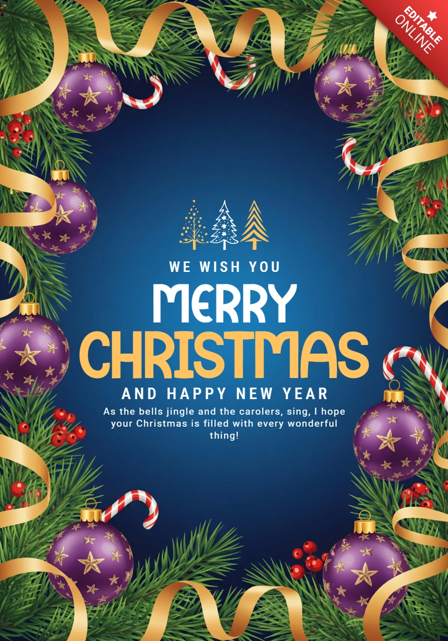 Mavi gradyan arka plana, çam çelengi, mor süslemeler ve altın kurdele vurguları ile Noel tebrik kartı