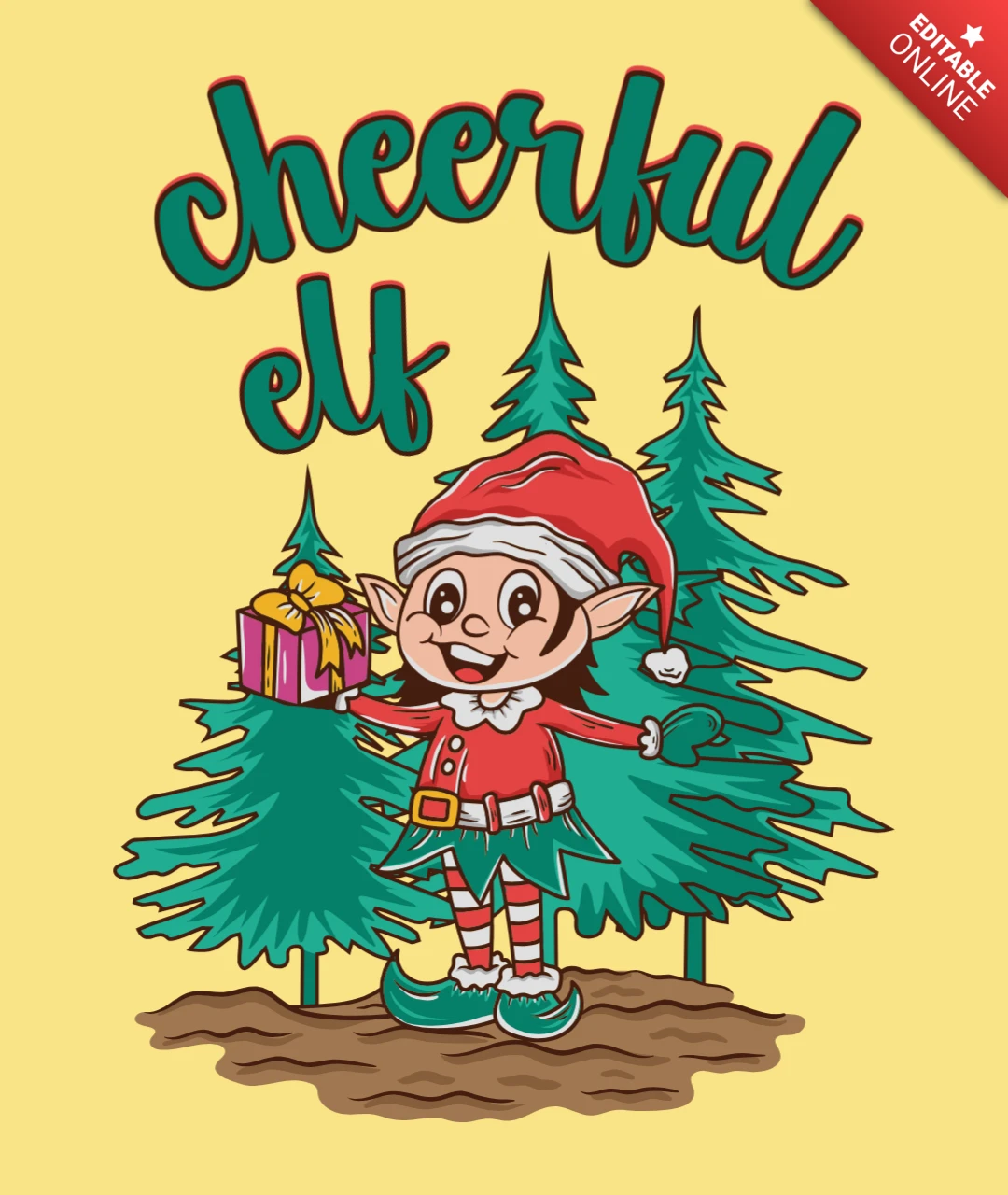 Alegre elfo entregando presentes, ajudante de feriado com presente, pinheiros e design de camiseta pep