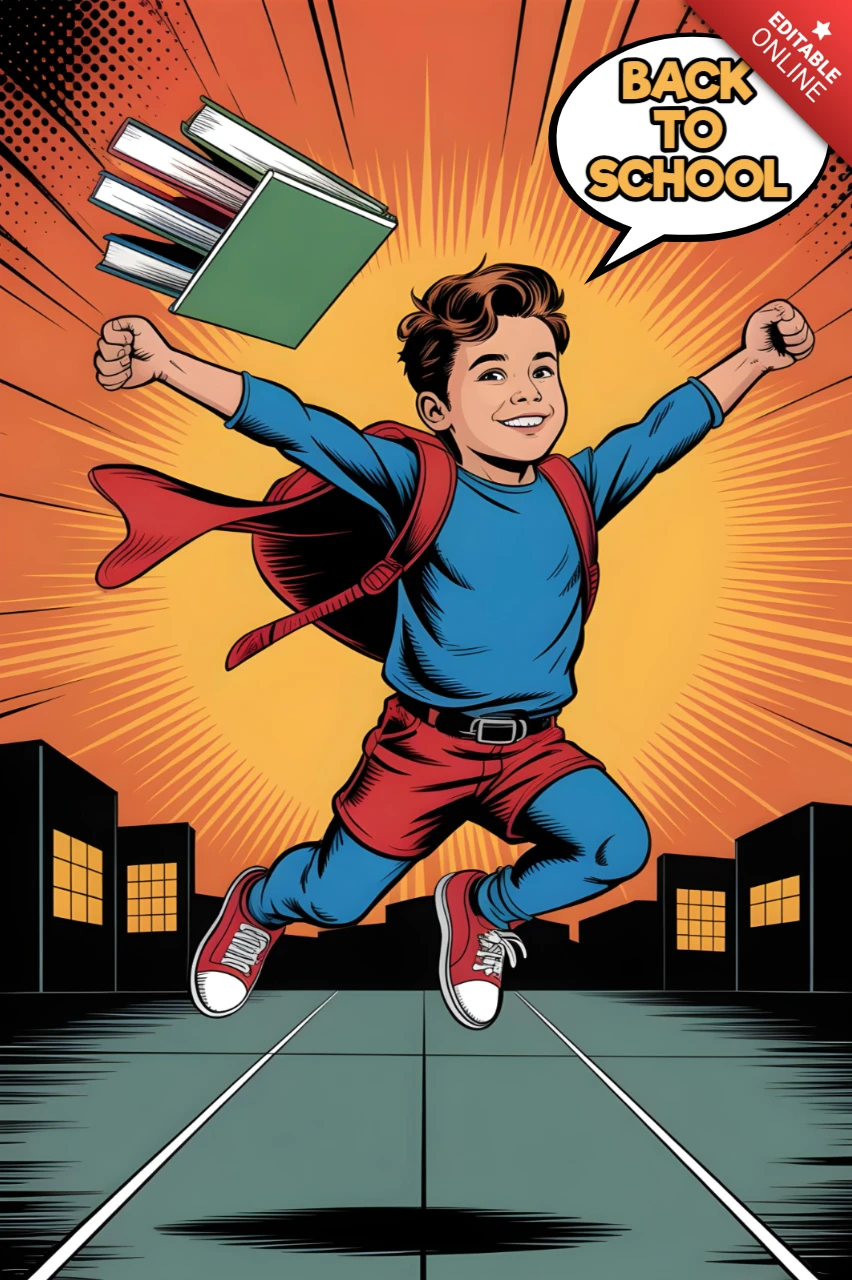 Back to School Flying Superhero Student with Books and Comic Burst Poster Design Template