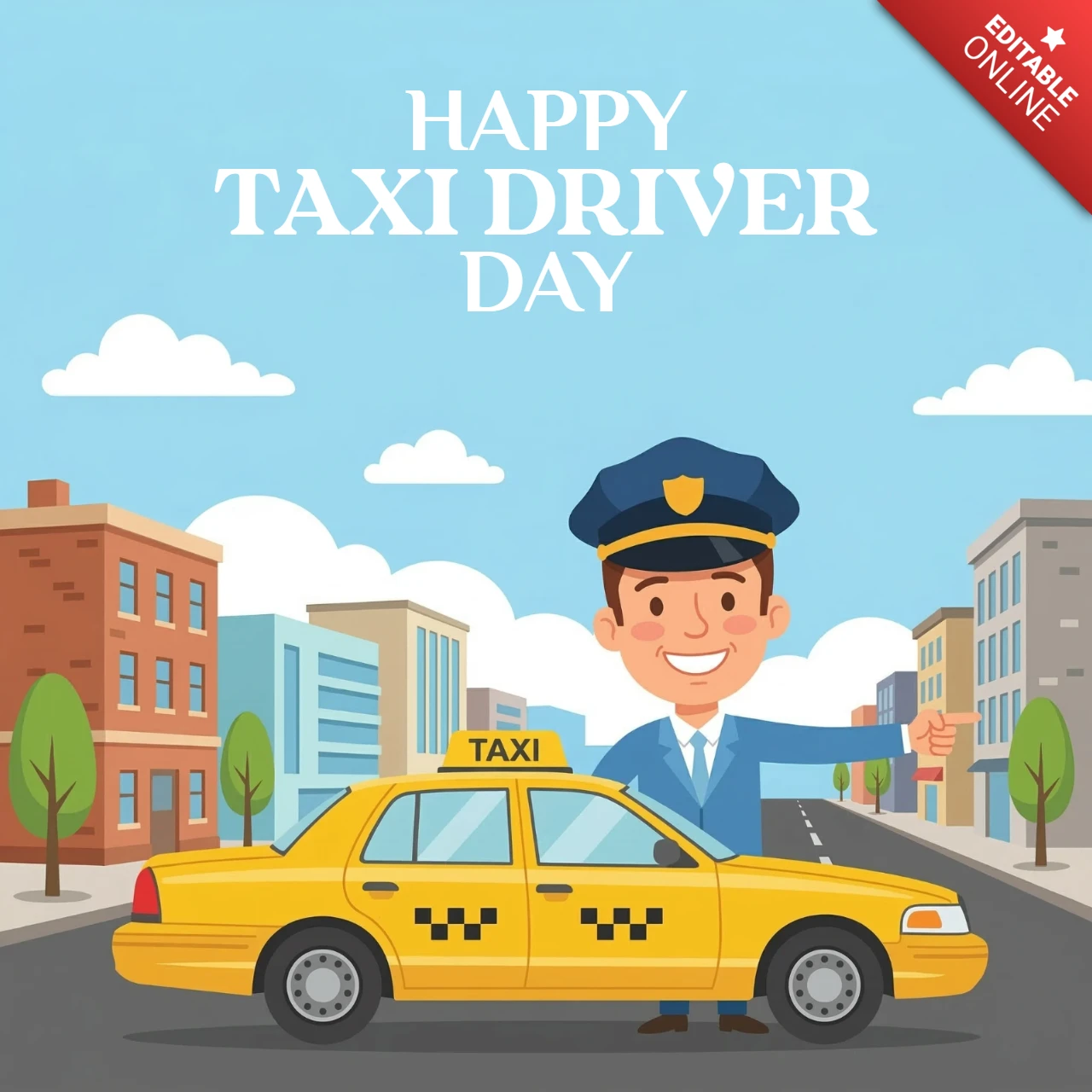 Célébrez la journée des chauffeurs de taxi 2026 avec une affiche de sensibilisation mettant en avant un chauffeur en uniforme bleu et un paysage urbain.