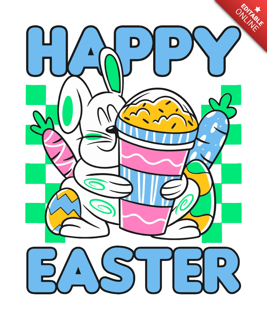Happy Easter Bunny Popcorn Cup, Colorful Eggs & Carrot Snack T-Shirt Design Template