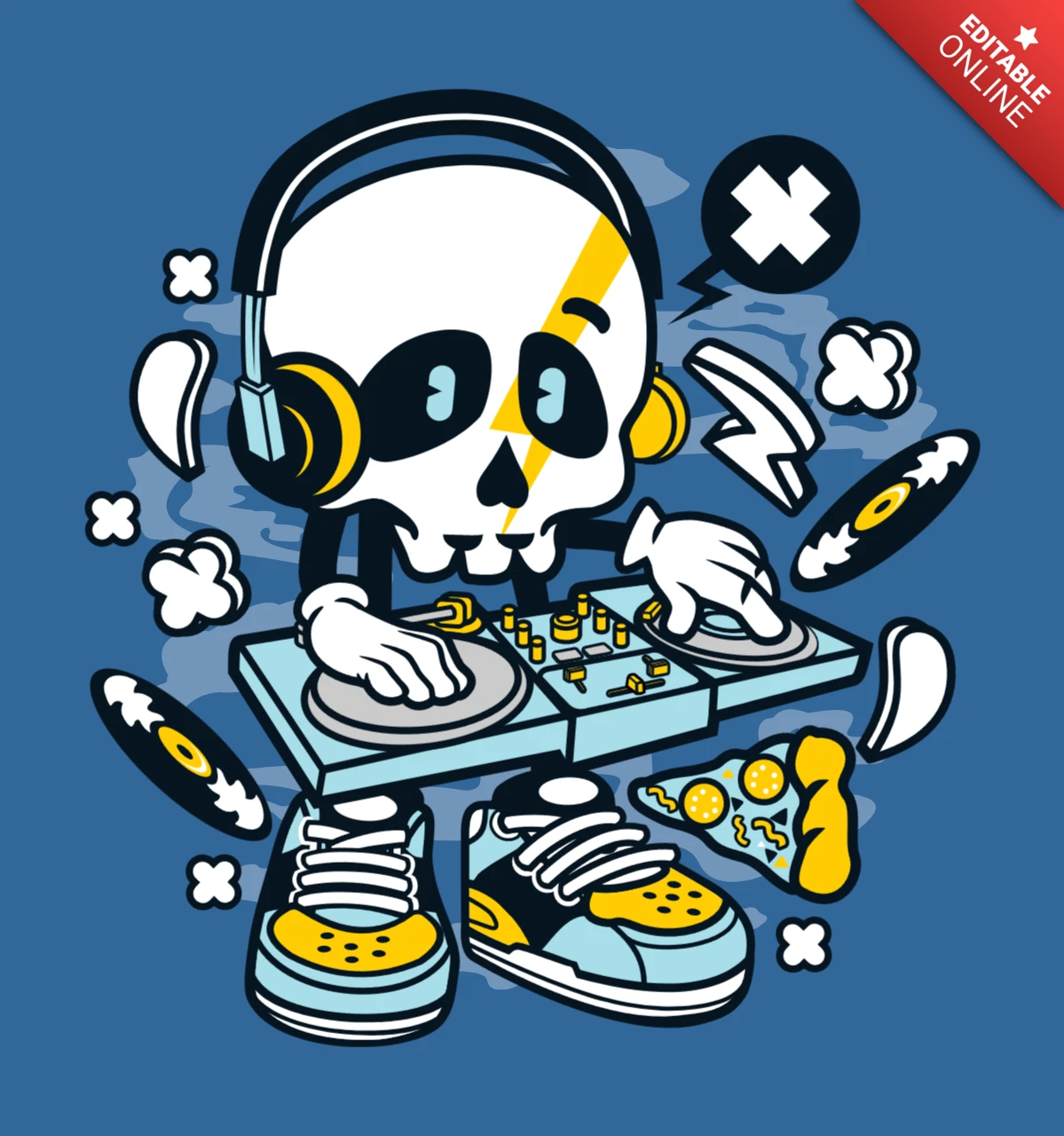 Dj schädel cartoon charakter t-shirt design vorlage