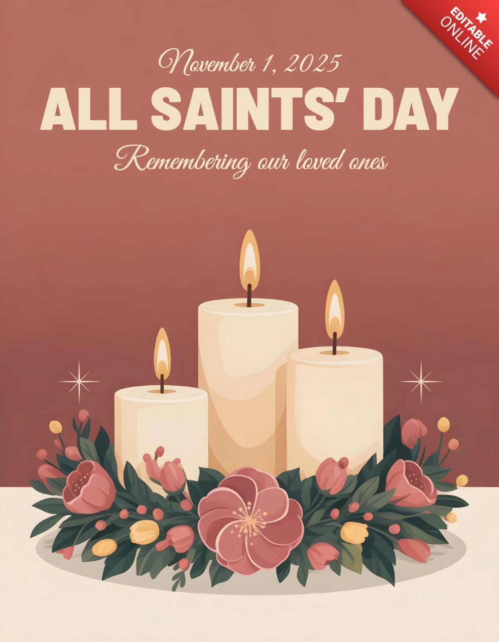 Allerheiligentag ehrfürchtiger Poster mit Blüten, Kerzenlicht und erdtonigem Glühen Grußkartendesign-Vorlage