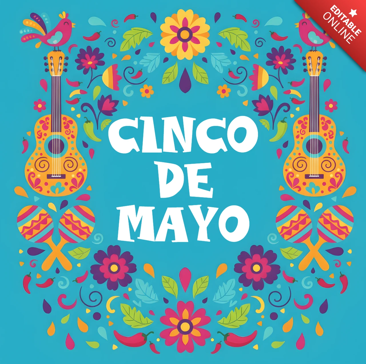 Cinco de Mayo Greeting Card with Birds, Guitars, Maracas and Flowers for a Cheerful Decorative Artwork