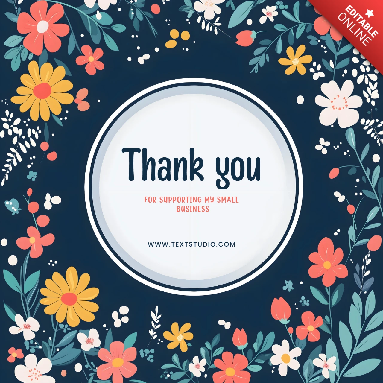 Navy Background with Vibrant Floral Small Business Thank You Card Template