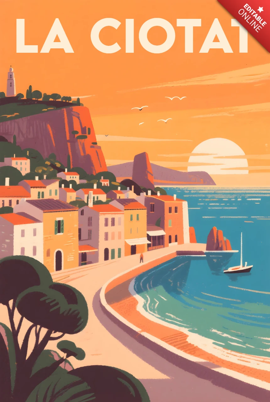 Design vintage la ciotat al tramonto per poster di viaggio retro flat
