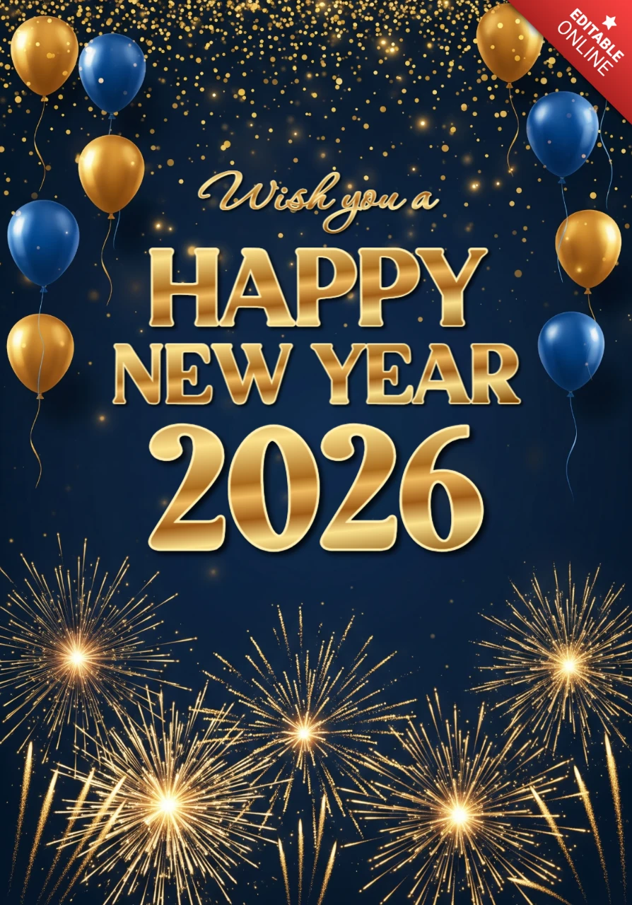 Happy New Year 2026 Card Dark Blue Luxe Background with Golden Confetti, Balloons & Fireworks Display