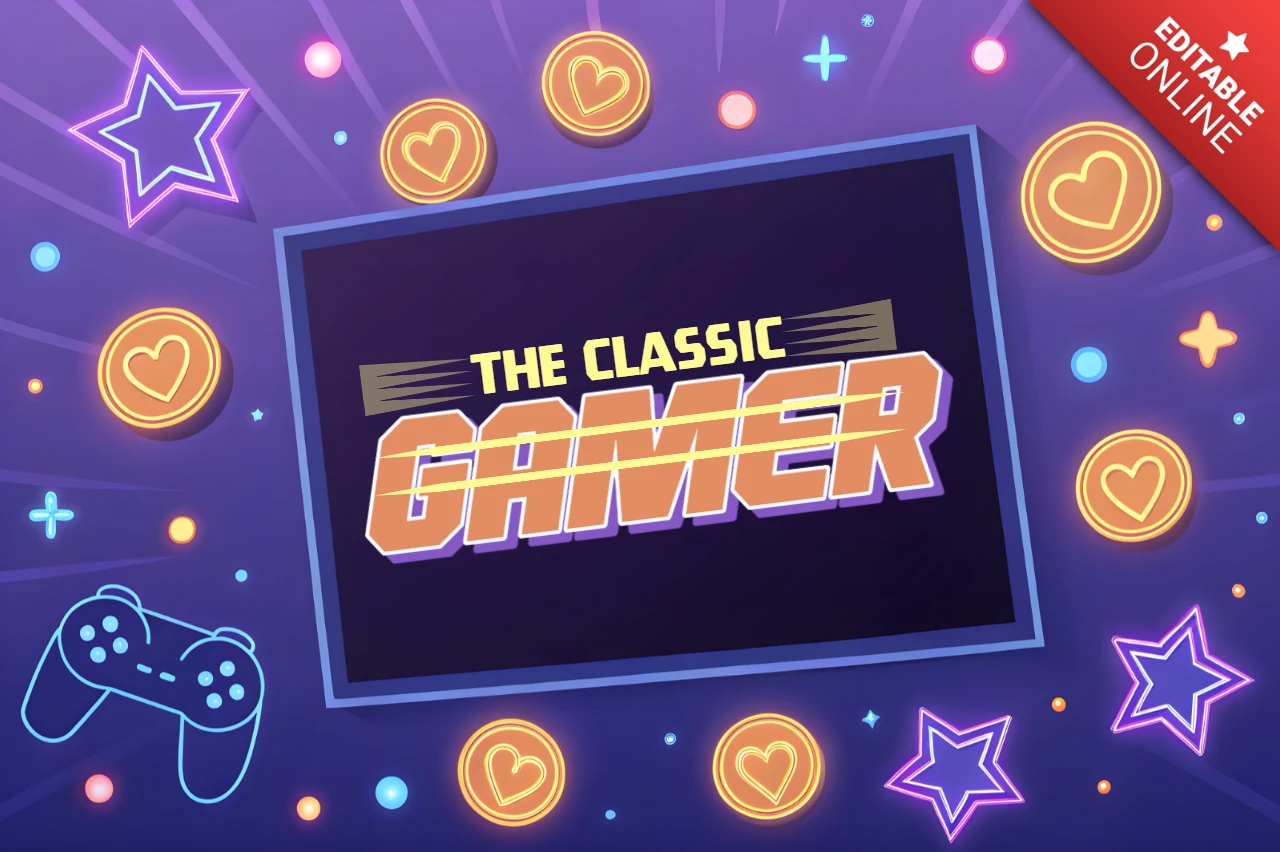 Design del retro gamer con controller di gioco ed elementi neon