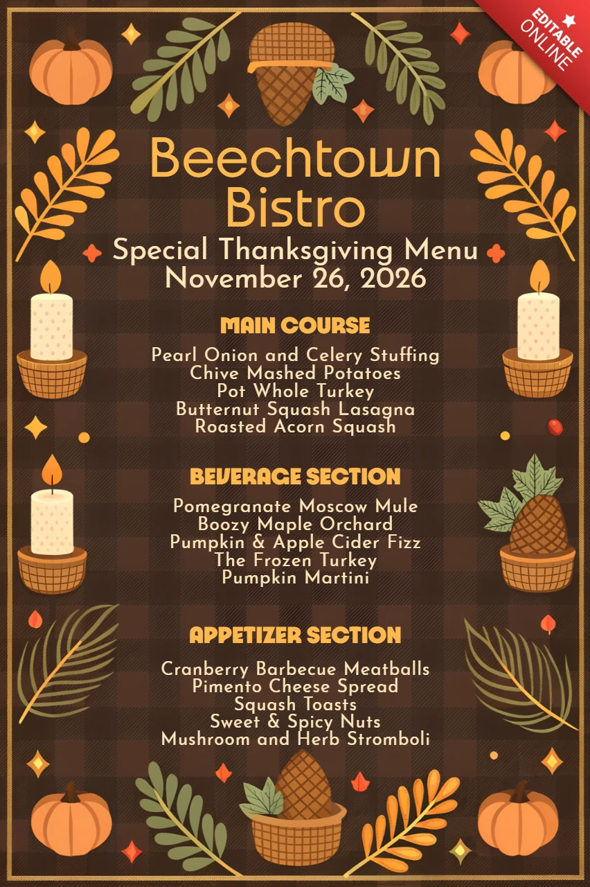 Modello di design del menu del Ringraziamento con zucche e candele per la promozione del ristorante