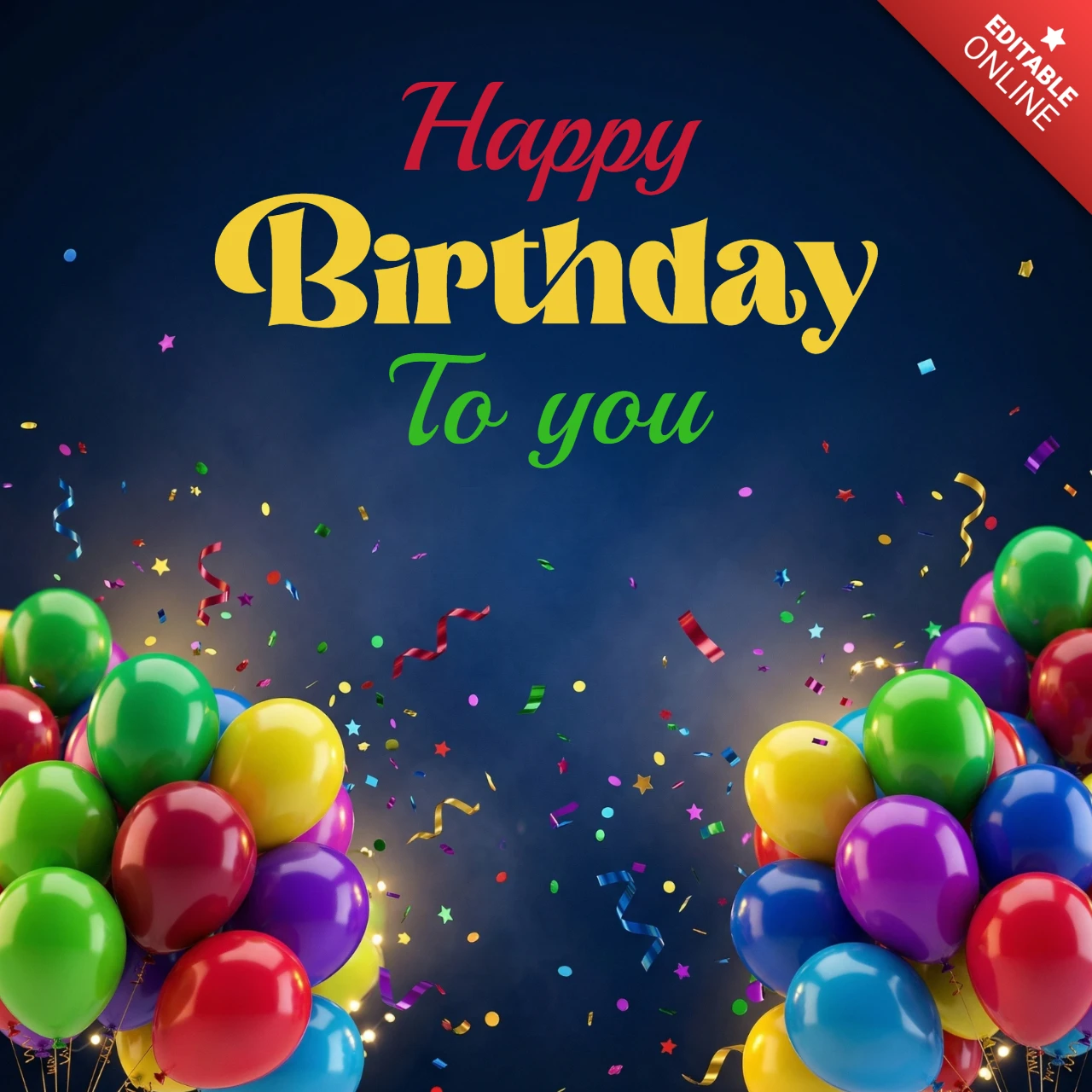 Poster decorativo di compleanno sfondo blu scuro a gradiente con palloncini, coriandoli e messaggio di compleanno allegro