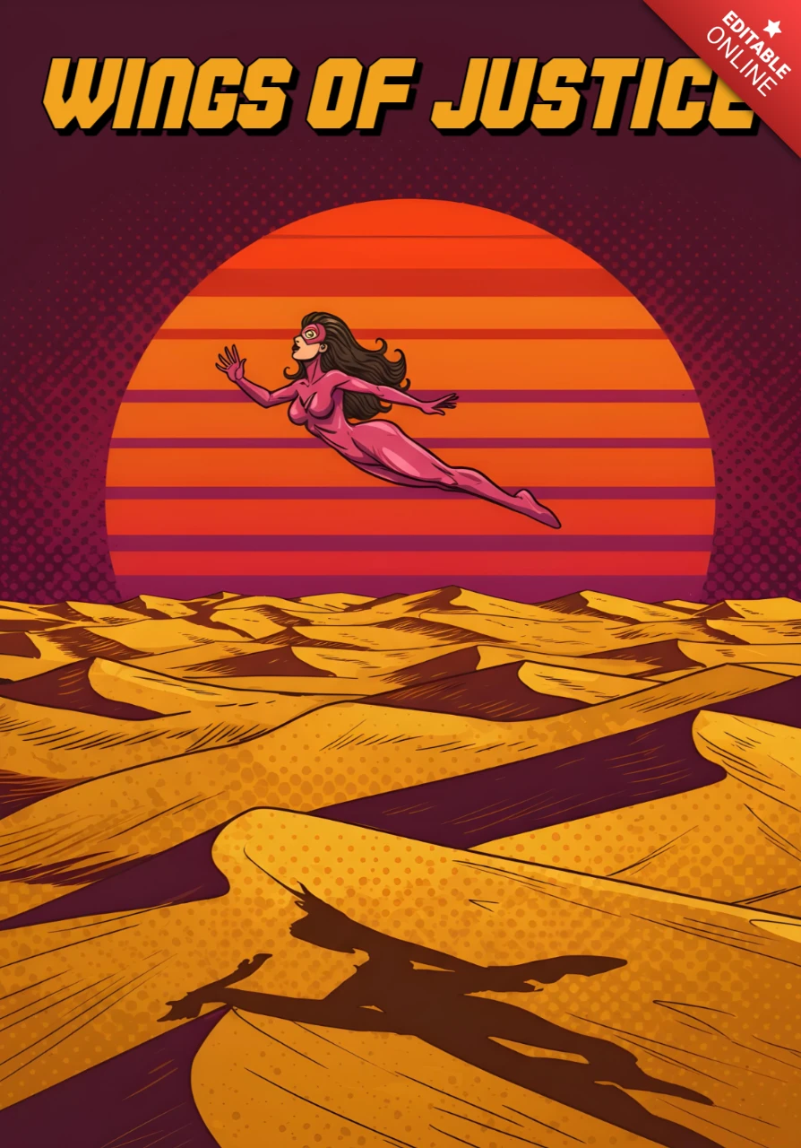 Plantilla de diseño de póster de superhéroe cómic Alas de la justicia sobre el atardecer del desierto