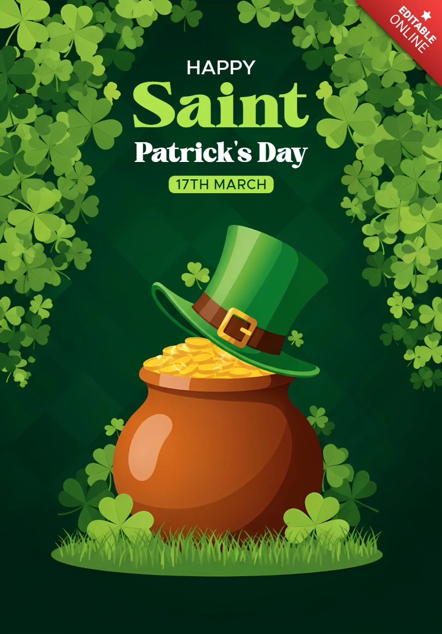 Designvorlage für den St. Patrick's Day mit einem Goldtopf und Kleeblättern für Grußkarten