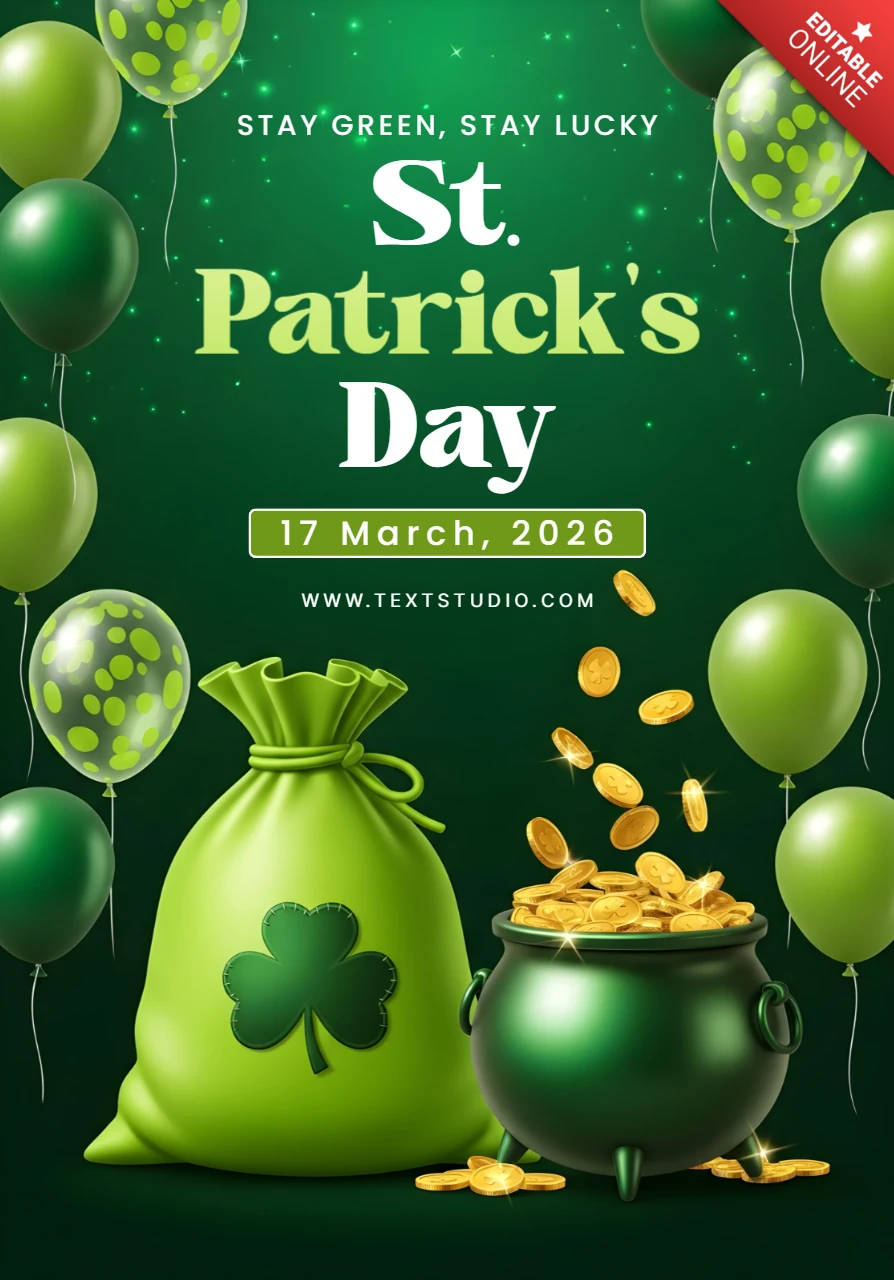 Plantilla de diseño para la celebración del Día de San Patricio con globos verdes y monedas de oro para volantes festivos.