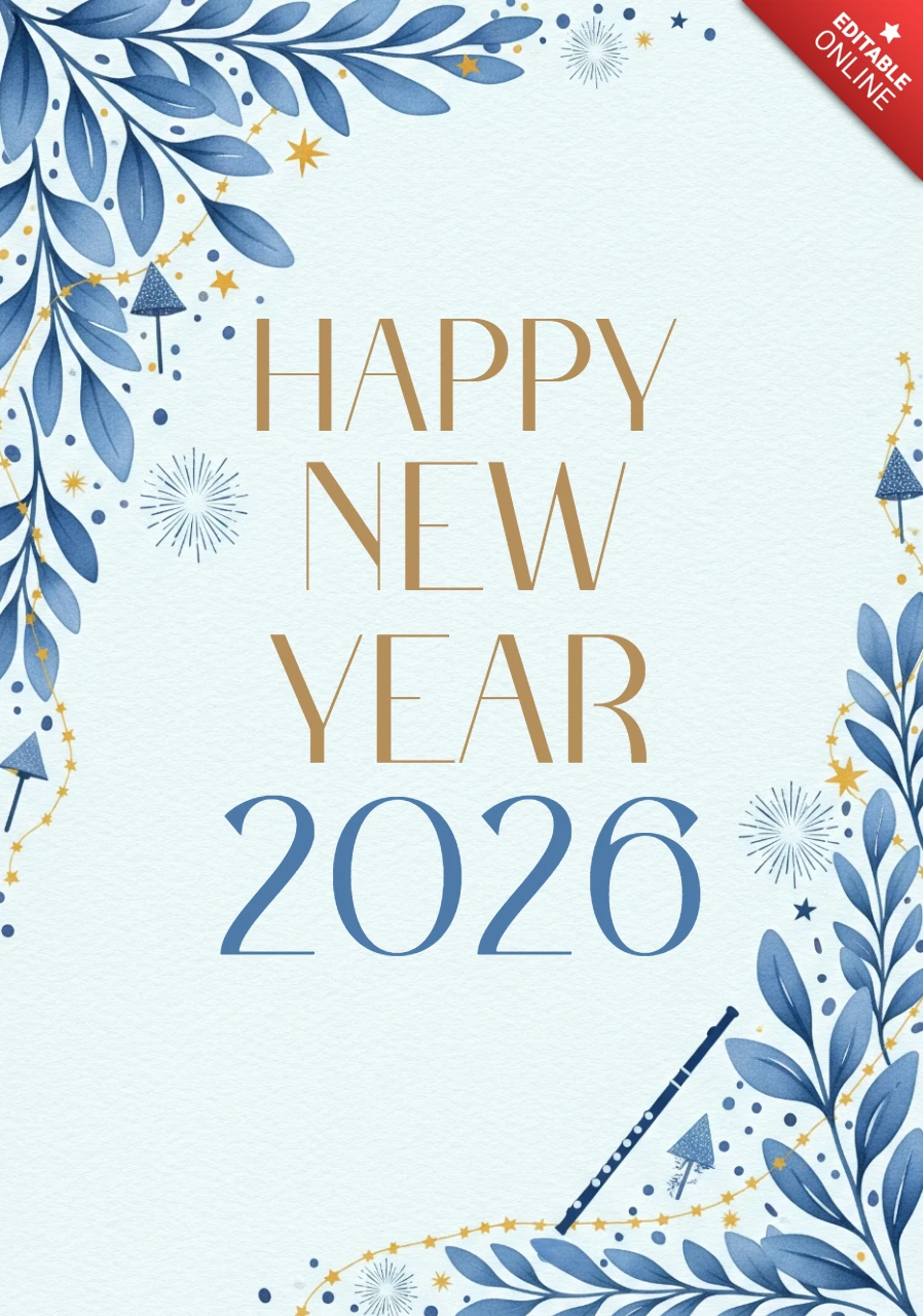 Watercolor Happy New Year 2026 Card Blue-Gold Foliage, Fireworks, and Party Hat Accents