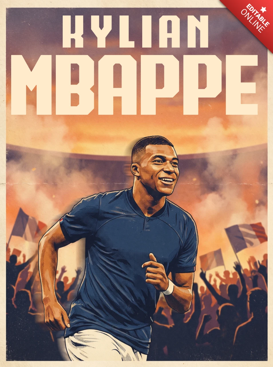 Vintage Soccer Wall Art Featuring Kylian Mbappé – Retro French National Team Illustration with Heroic Pose, Stadium Crowd and Classic Poster Design