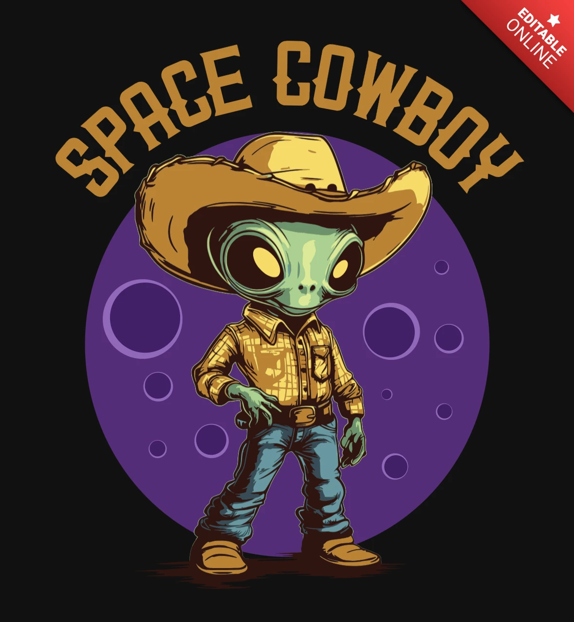 Space Cowboy Cool Alien in Western Outfit Illustration T-Shirt Design Template