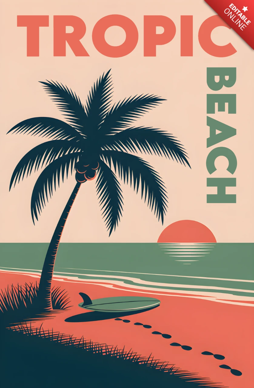 Tropic Beach Retro Flat Design Template for Summer Apparel