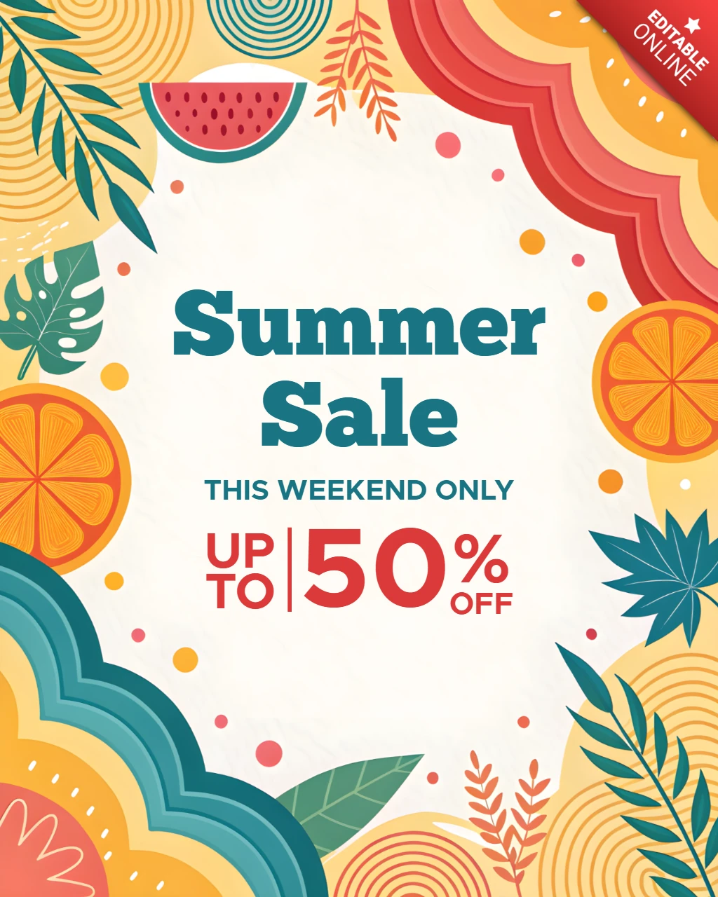 Plantilla de diseño de venta de verano vibrante con elementos tropicales - obra promocional editable