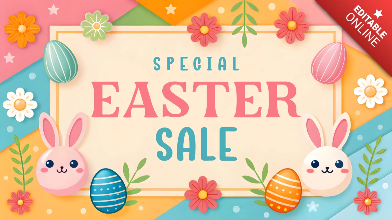 Colorido diseño de plantilla de venta de Pascua con simpáticos gráficos de conejitos y huevos