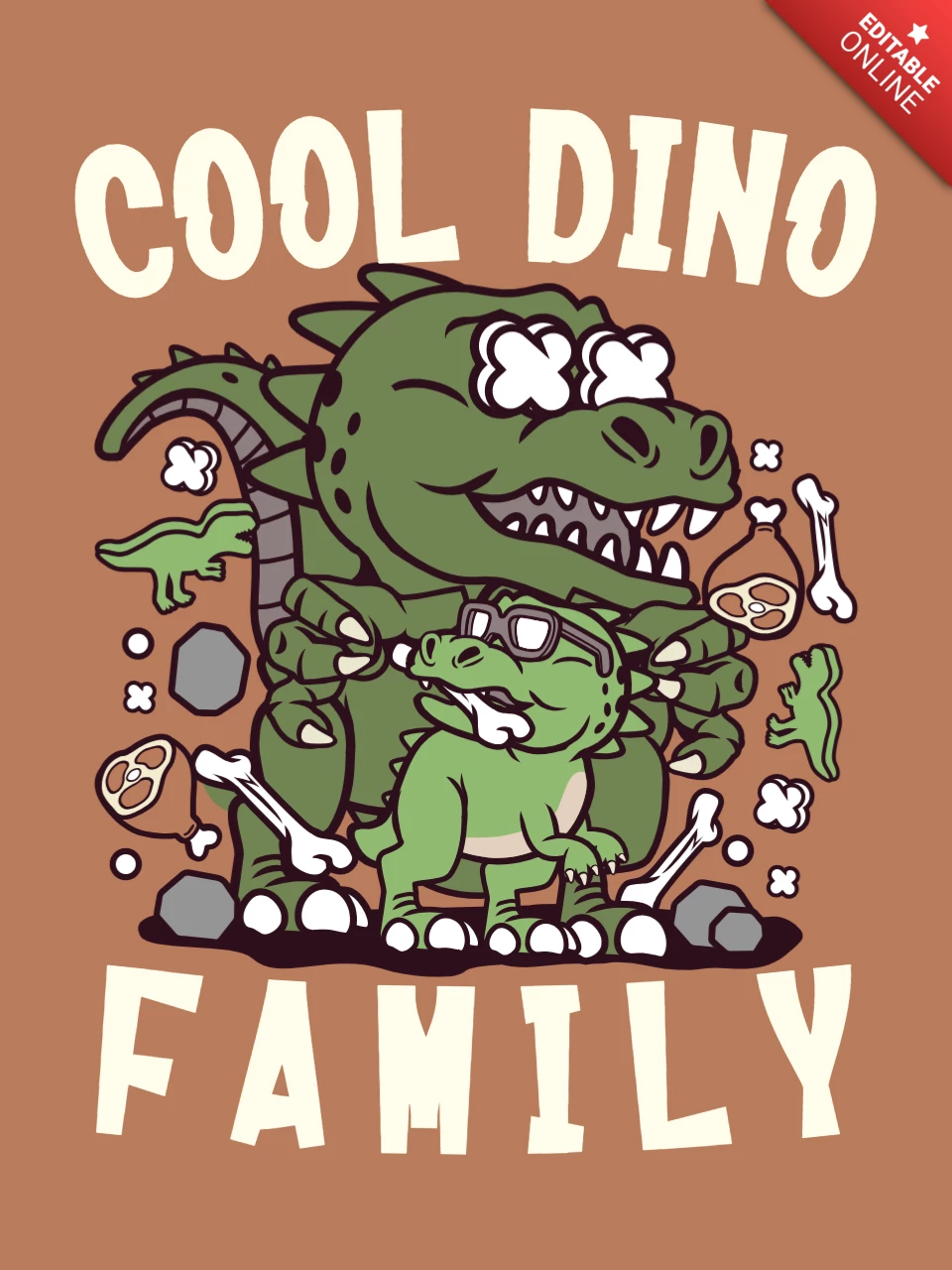 Dino Family Cartoon Character T-Shirt Design Template