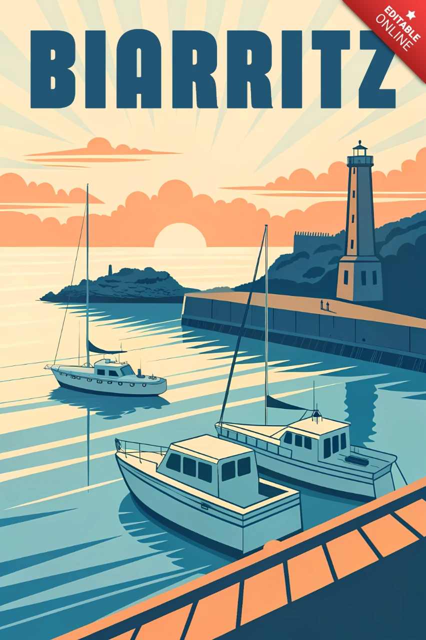 Vintage Biarritz Leuchtturm und Boote Designvorlage für Reiseposter