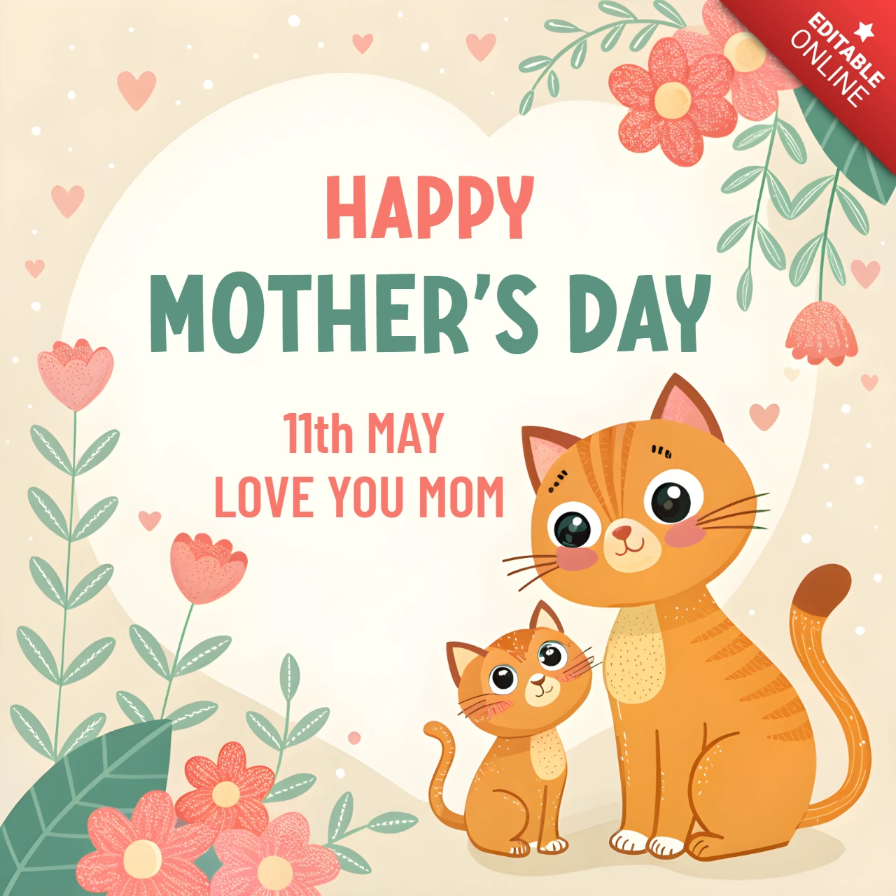 Whimsical Mother's Day Card Template Design with Cute Cats and Floral Elements