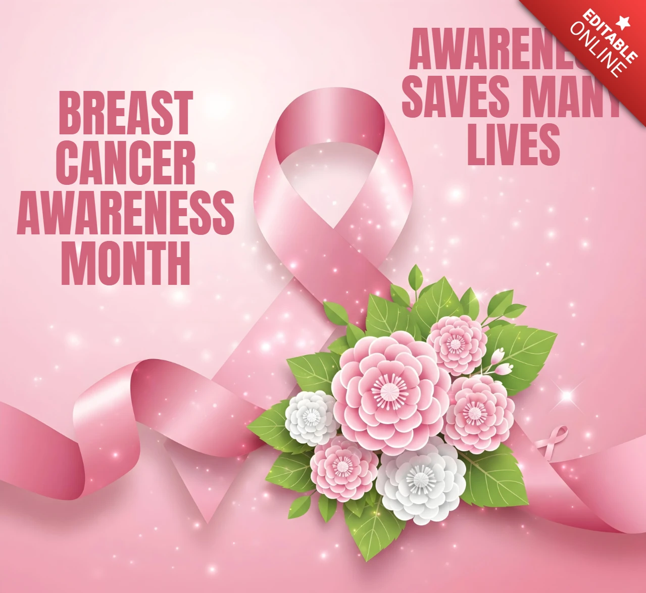 Glänzendes Brustkrebsbewusstsein rosa Schleifen- und Blumenstrauß-Banner-Designvorlage