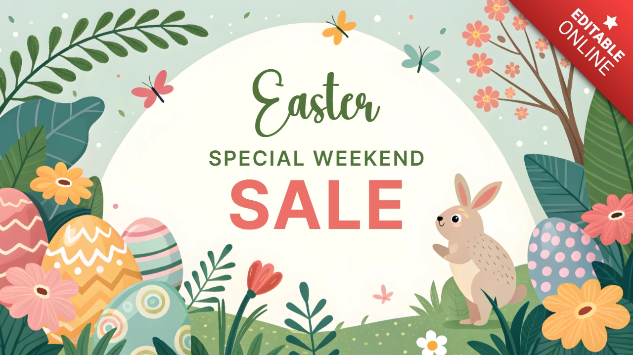 Easter Sale Design Template with Whimsical Floral and Bunny Illustrations