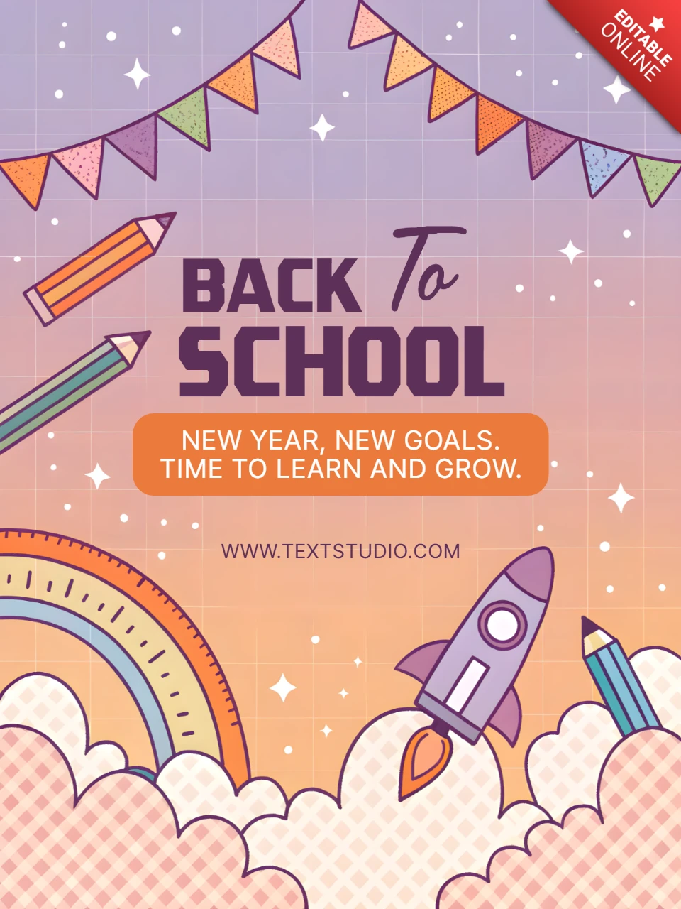 Back to School Design Template with Rocket and Rainbow for Educational Posters