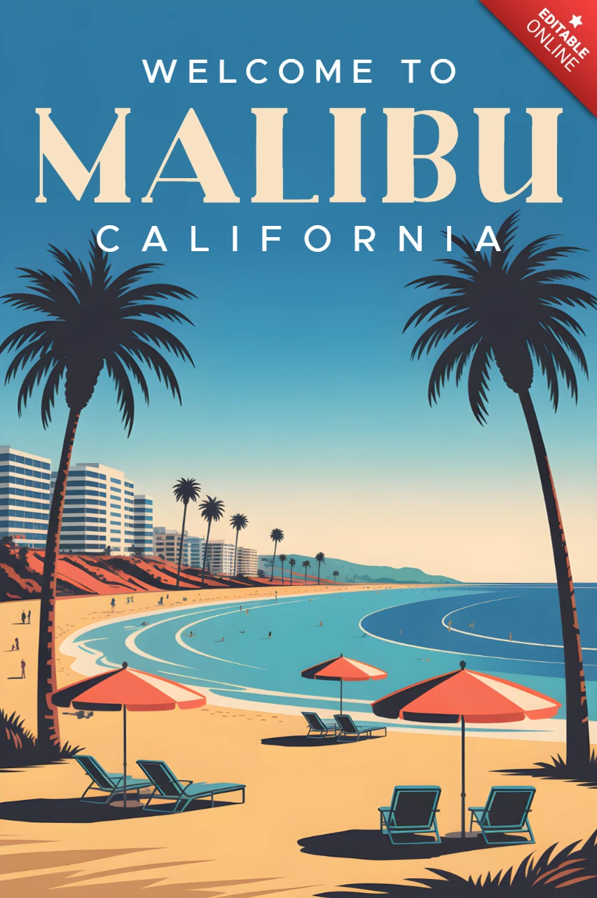 Malibu Strand Retro-Designvorlage für Poster und Wandkunst