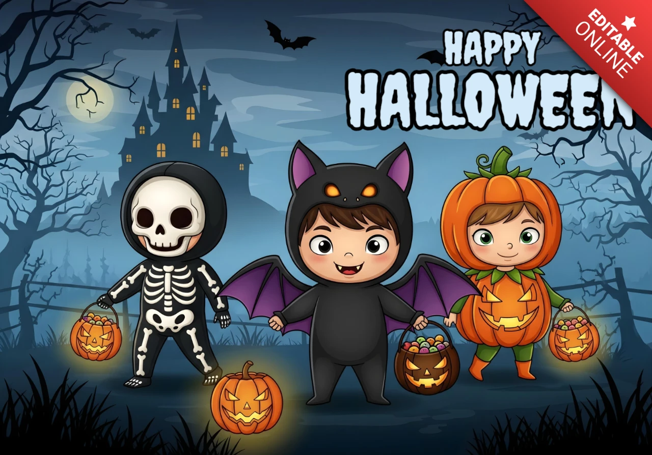 Noite de lua cheia assombrada de Halloween com baldes de doces, crianças fantasiadas e morcegos voadores, modelo de design para panfletos festivos.