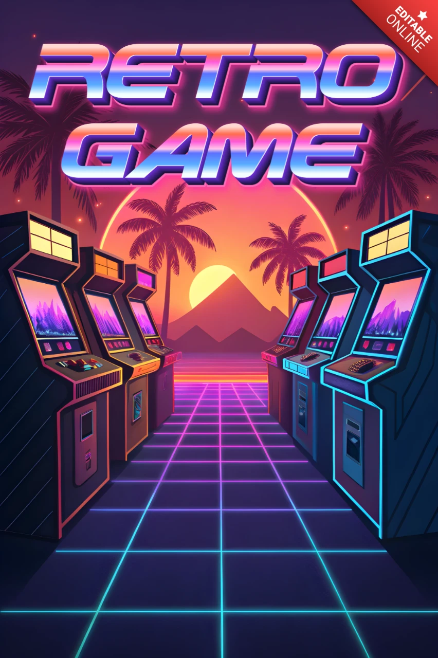 Plantilla de diseño de juego synthwave para cartel de arcade de neón