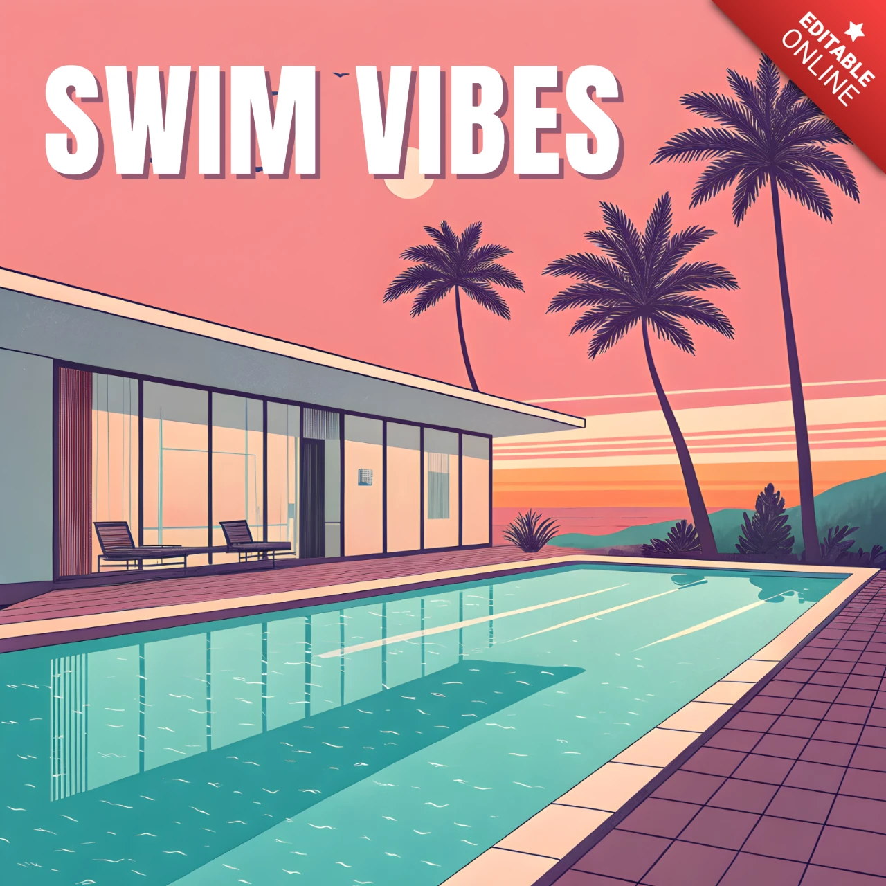 Modèle de design rétro de vibes au bord de la piscine pour les invitations à une fête d'été