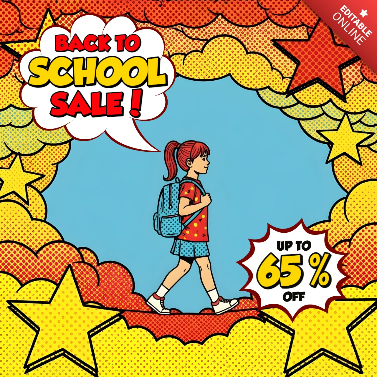 Walking School Girl Comic Art with Colorful Cloud Background & Promo Message Design Template for Promotional Flyers