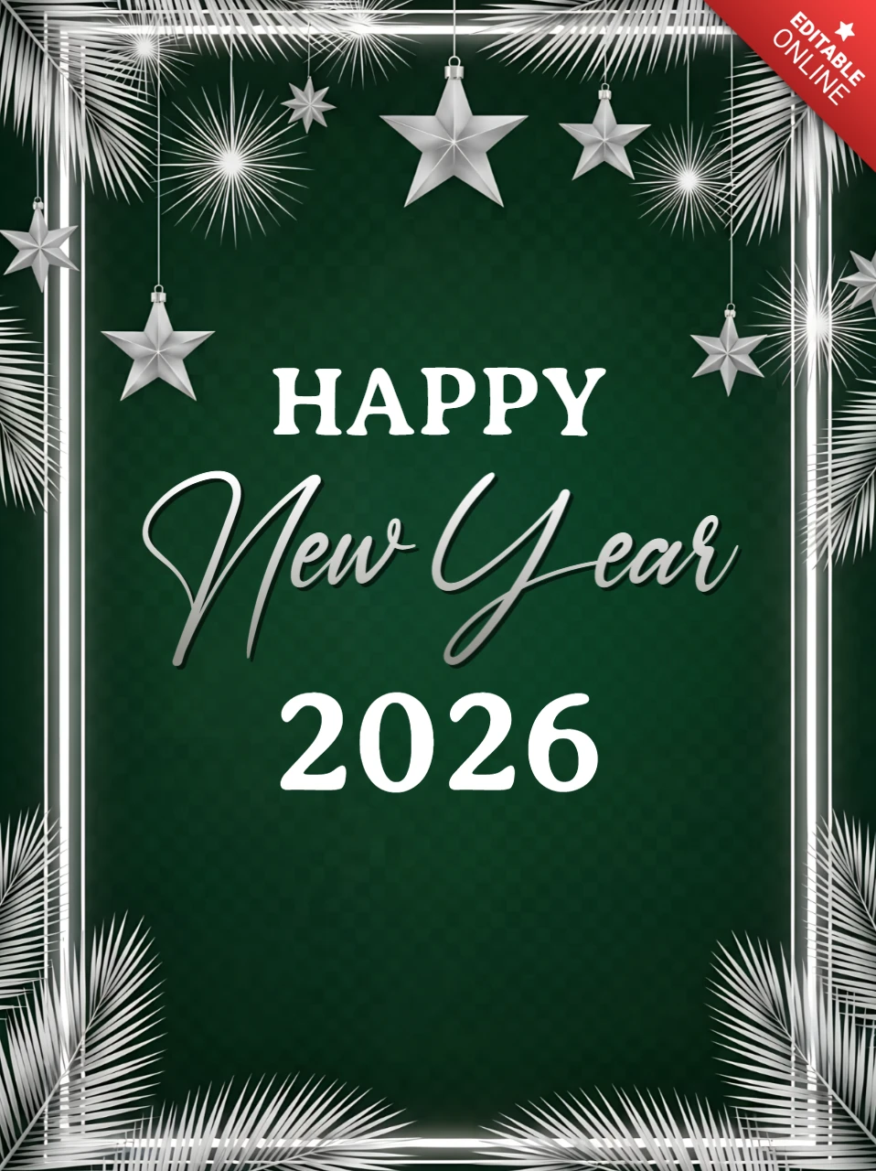 Plantilla de tarjeta de felicitación elegante para el año nuevo 2026 con diseño de estrellas y hojas de palma.