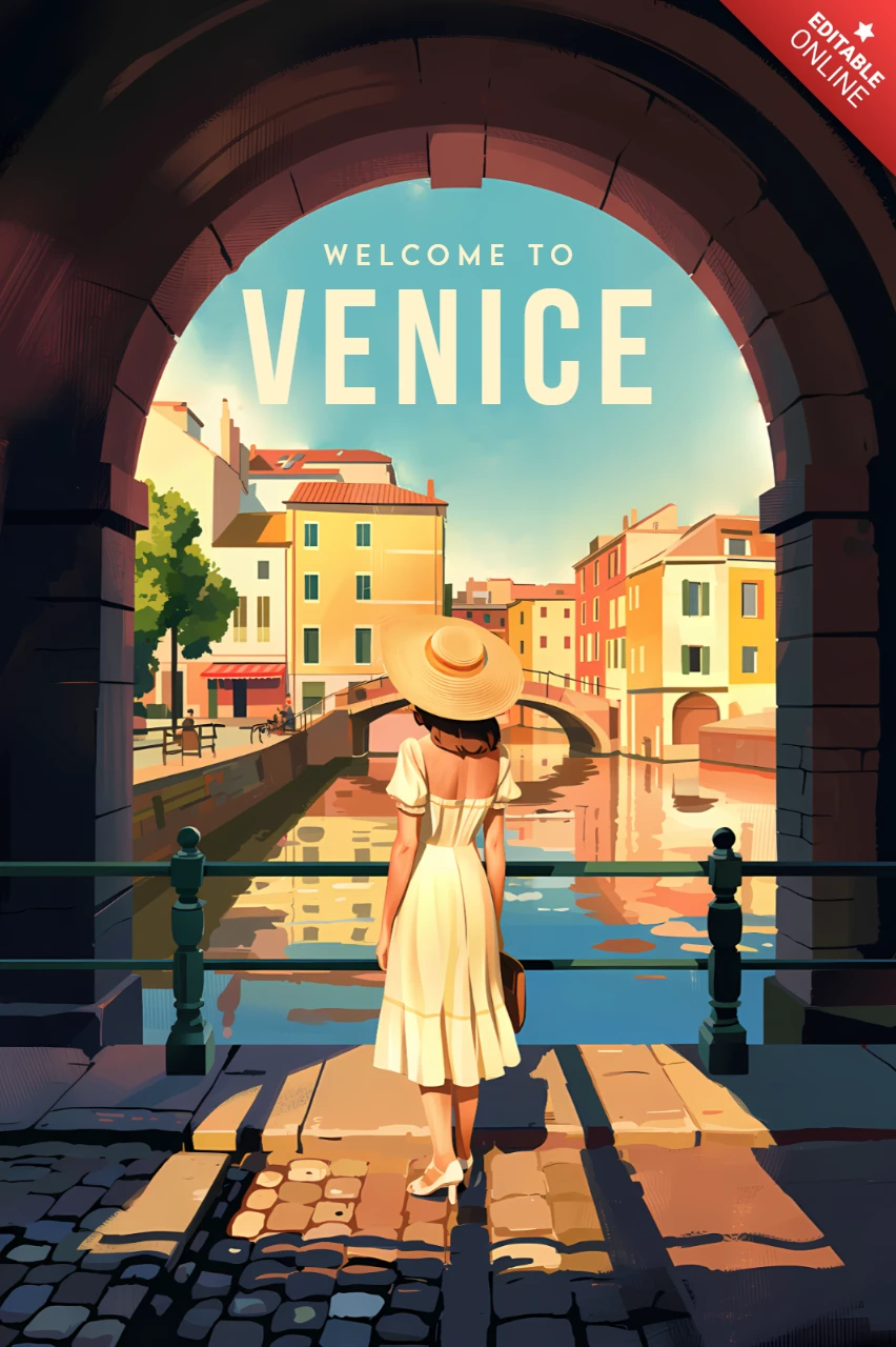 Reiseplakat-Designvorlage für Venedig mit Vintage-Illustrationsstil für Wandkunst