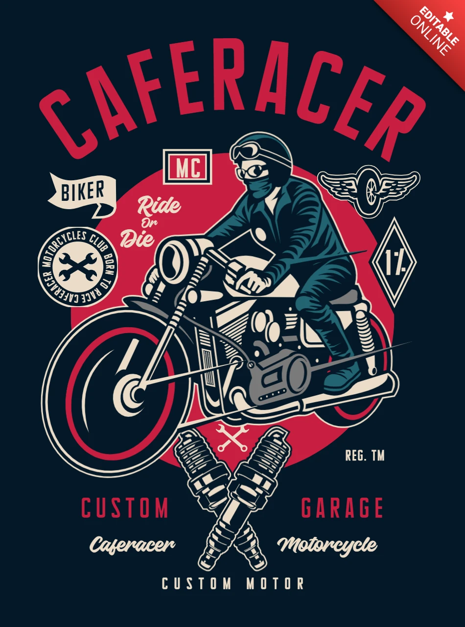 カフェレーサーカスタムバイクガレージTシャツデザインテンプレート