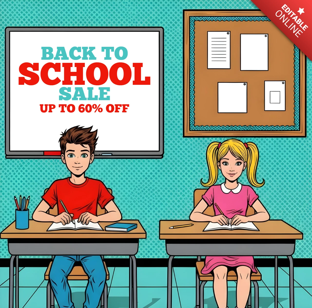Zurück zur Schule Schreibcomic-Kunst mit Schülern, Whiteboard- und Werbebotschaft-Designvorlage für Werbeflyer