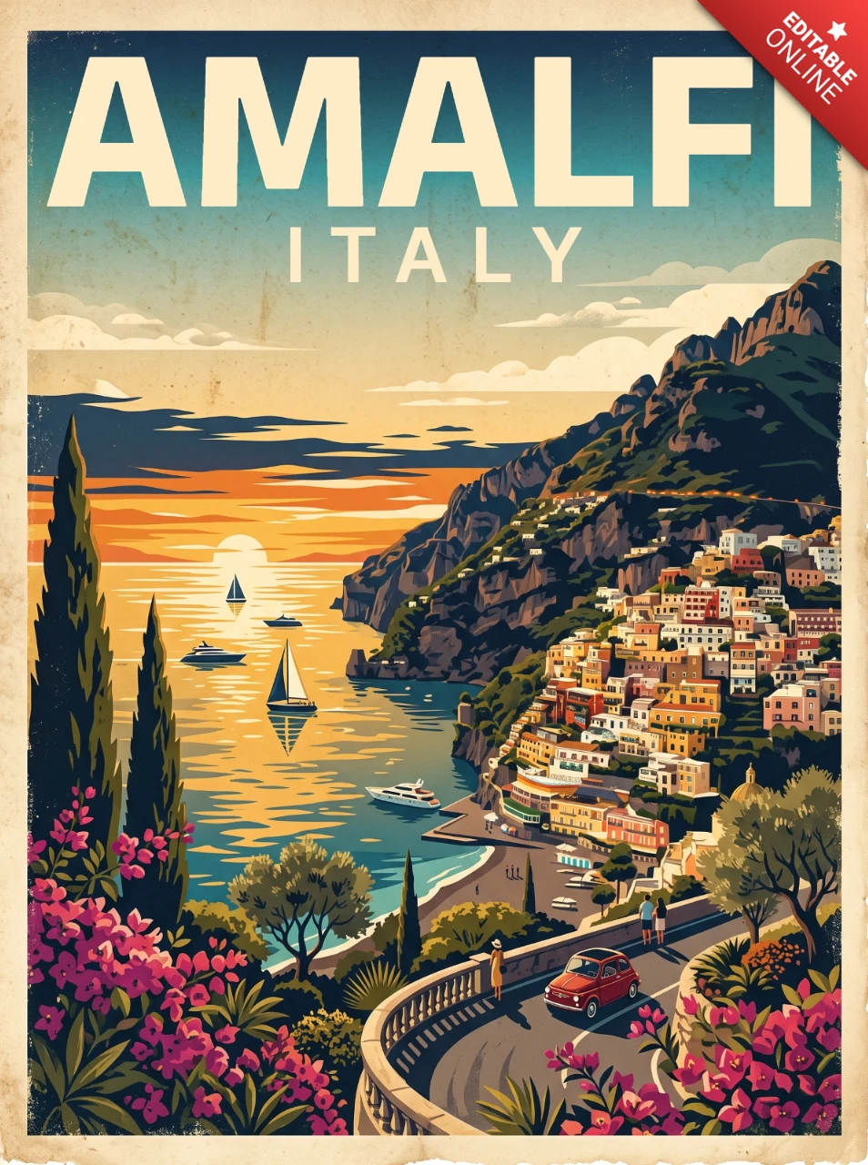 Vintage Retro Amalfi Coast Italy Travel Poster Mediterranean Charm Seaside Villas Scenic Road Sunset Mountains Artwork