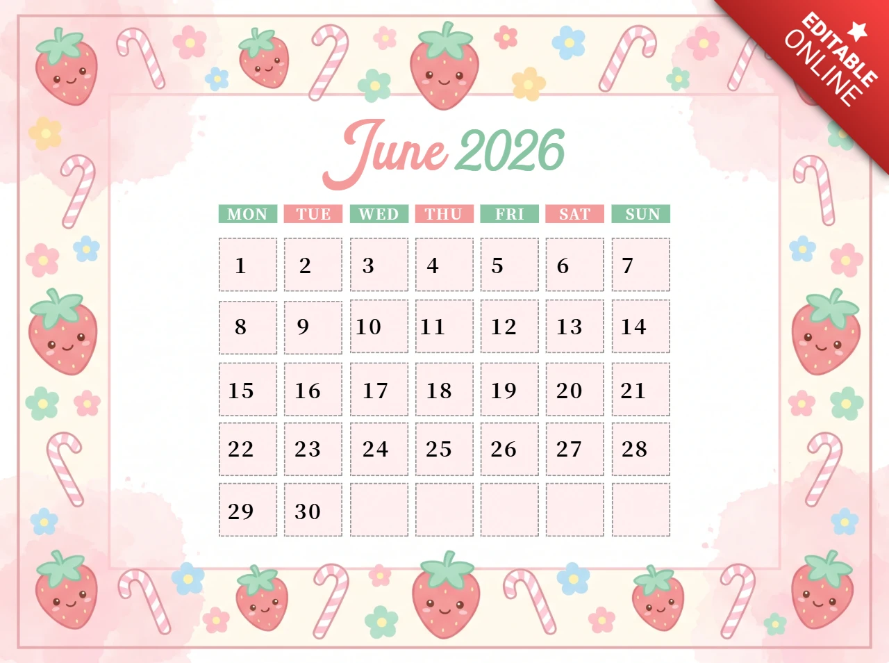 June 2026 Pastel Strawberry Calendar Page with Cute Candy Canes and Colorful Flowers