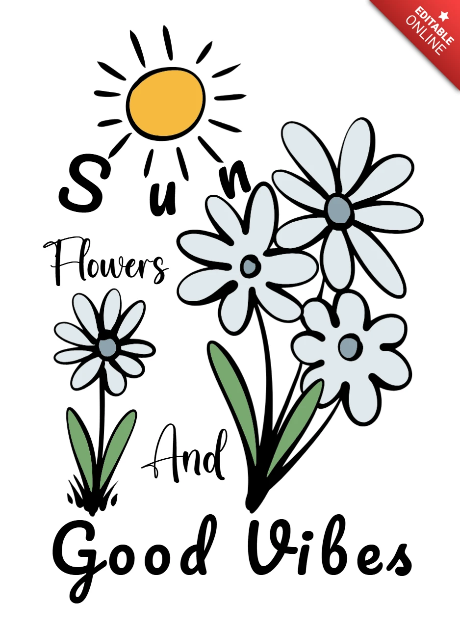 Plantilla de diseño de sol y flores para camiseta de vibras positivas
