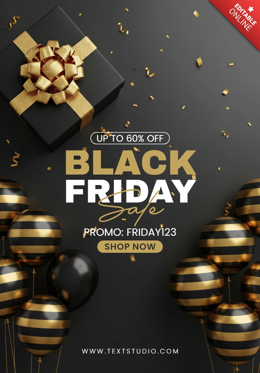Luxurious Black Friday Sale Design Gold Confetti and Gift Elements Framing Central Discount Message Template for Promotional Flyers