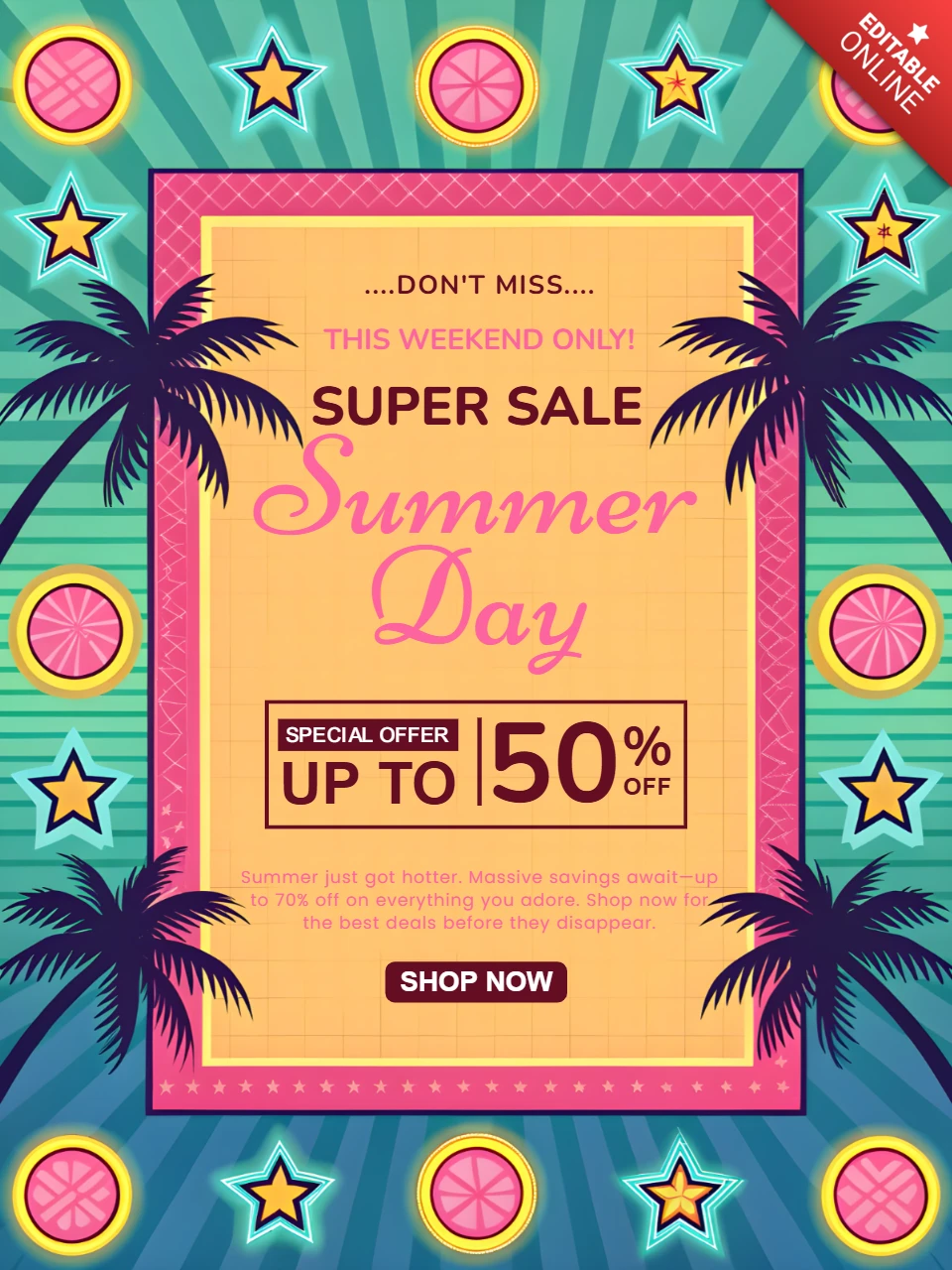 Diseño de plantilla de venta de verano vibrante con elementos tropicales