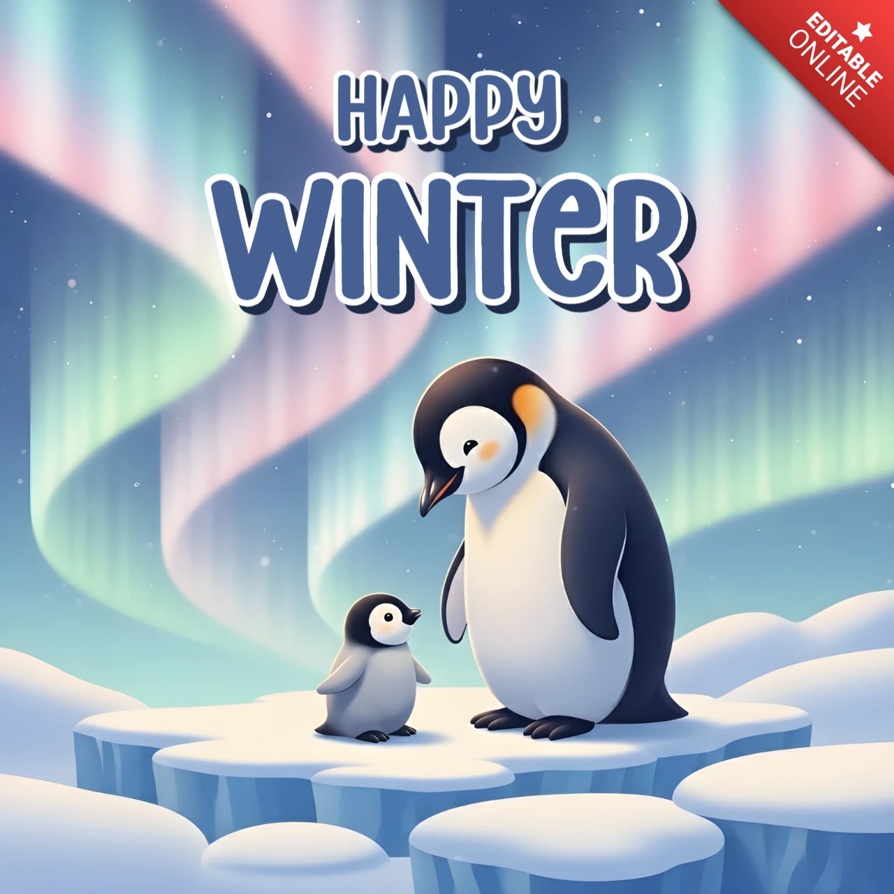 Northern Lights in Winter Wonderland Penguin Design Template for Greeting Card