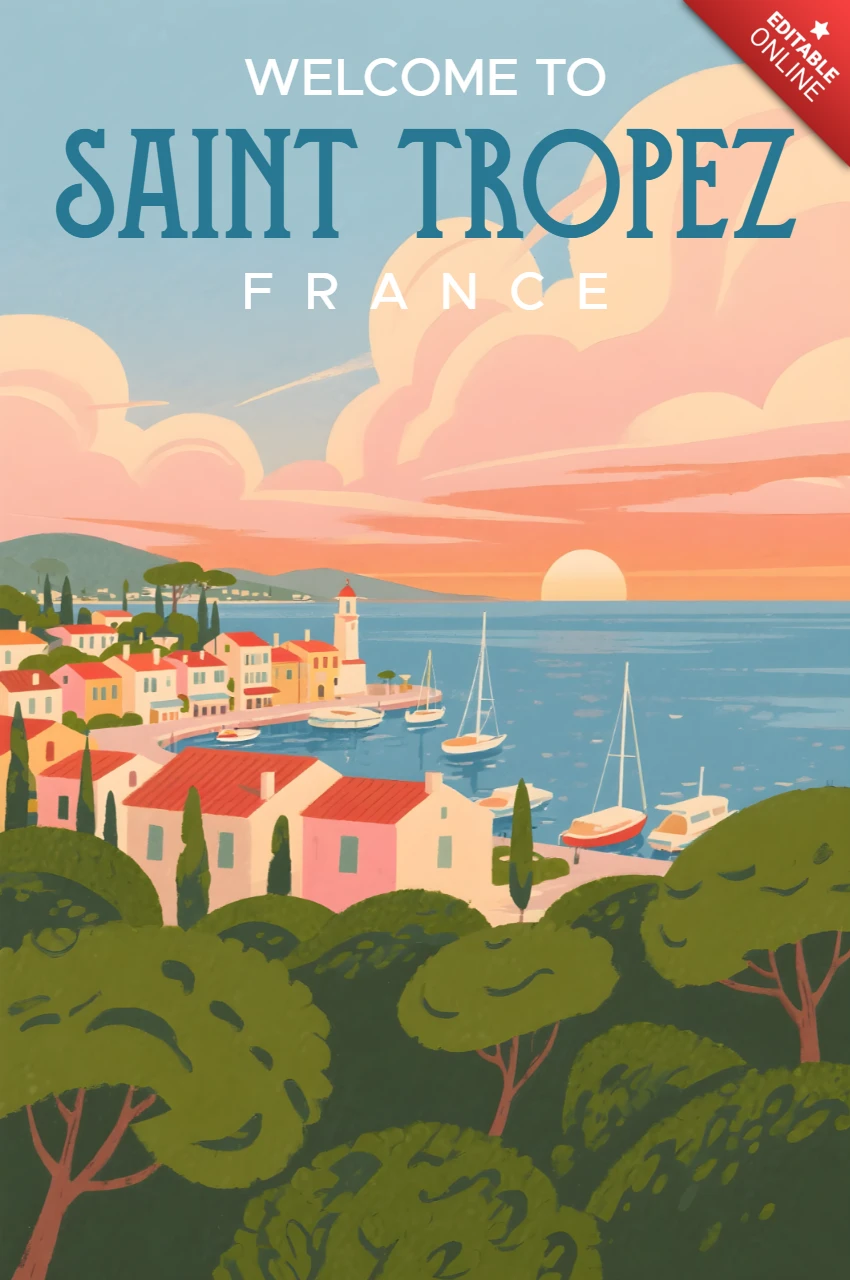 Template de design de pôster de viagem vintage retrô com uma vista de Saint Tropez.