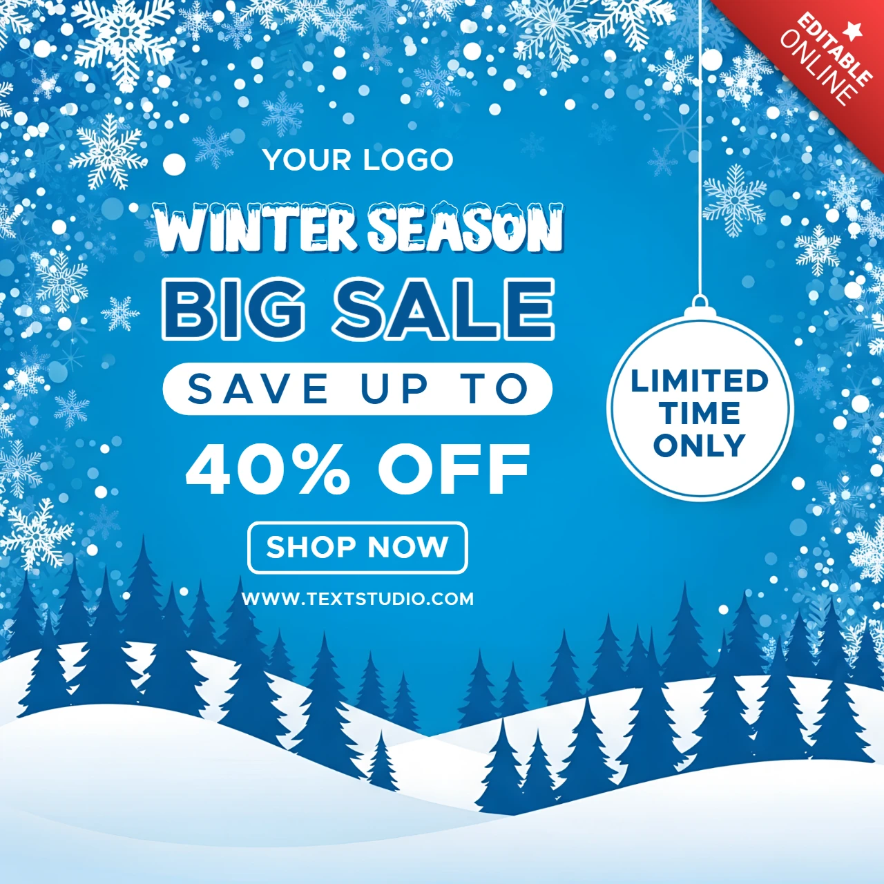 Wintersaison Verkaufs-Promotion-Vorlage mit Schneeflocken und Tannenbaum-Design für Flyer