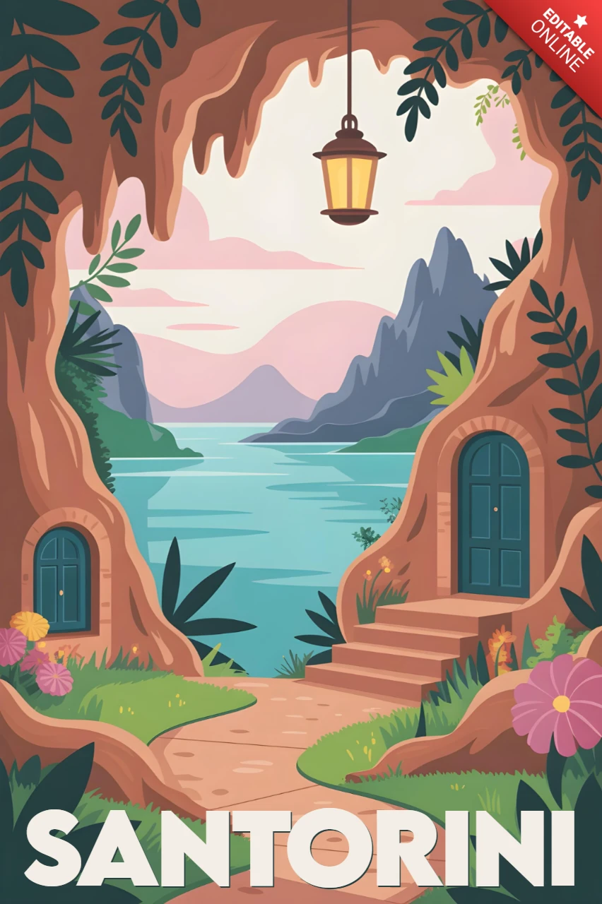 Chemin de grotte avec des portes bleues, lanterne et vue sur la mer au coucher du soleil, modèle de design d'affiches de voyage à Santorin.